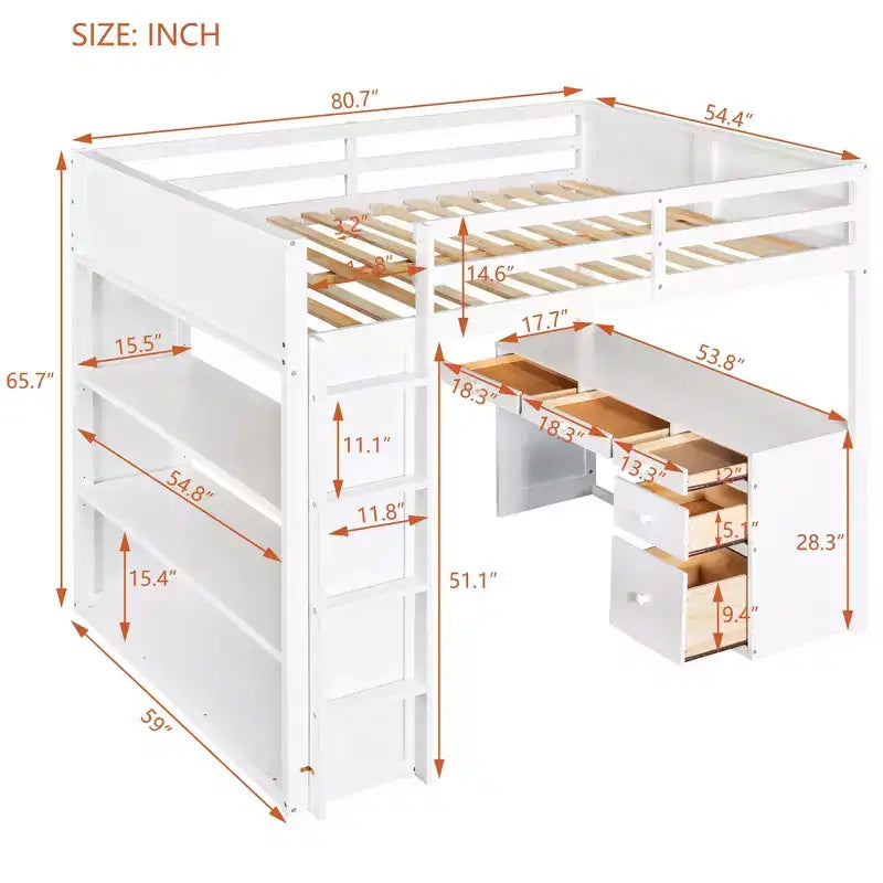 Twin/Full Size Loft Bed with Ladder, Shelves and Desk with Drawers - ModernLuxe