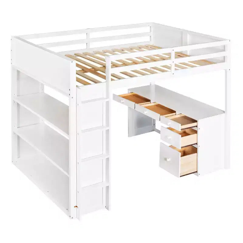 Twin/Full Size Loft Bed with Ladder, Shelves and Desk with Drawers - ModernLuxe