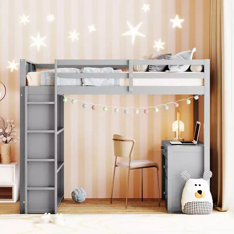 Twin/Full Size Loft Bed with Ladder, Shelves and Desk with Drawers - ModernLuxe
