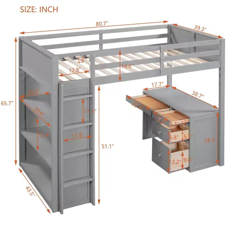 Twin/Full Size Loft Bed with Ladder, Shelves and Desk with Drawers - ModernLuxe