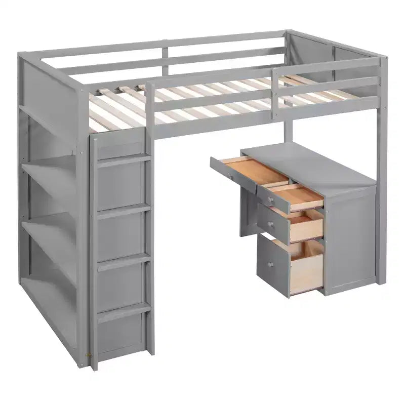 Twin/Full Size Loft Bed with Ladder, Shelves and Desk with Drawers - ModernLuxe