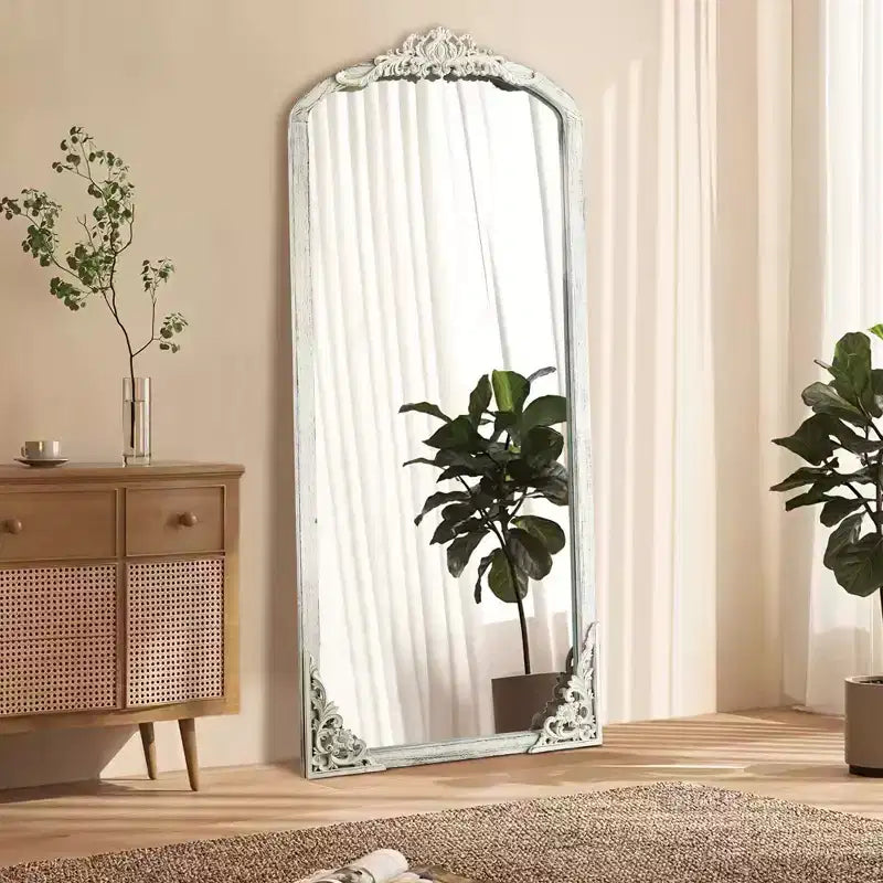Solid wood carved flower straight-angle micro-curved weathered white full-length mirror 170x70x2cm (without stand)