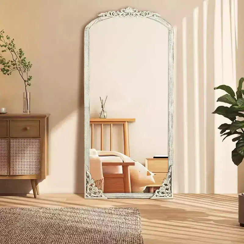 Solid wood carved flower straight-angle micro-curved weathered white full-length mirror 170x70x2cm (without stand)