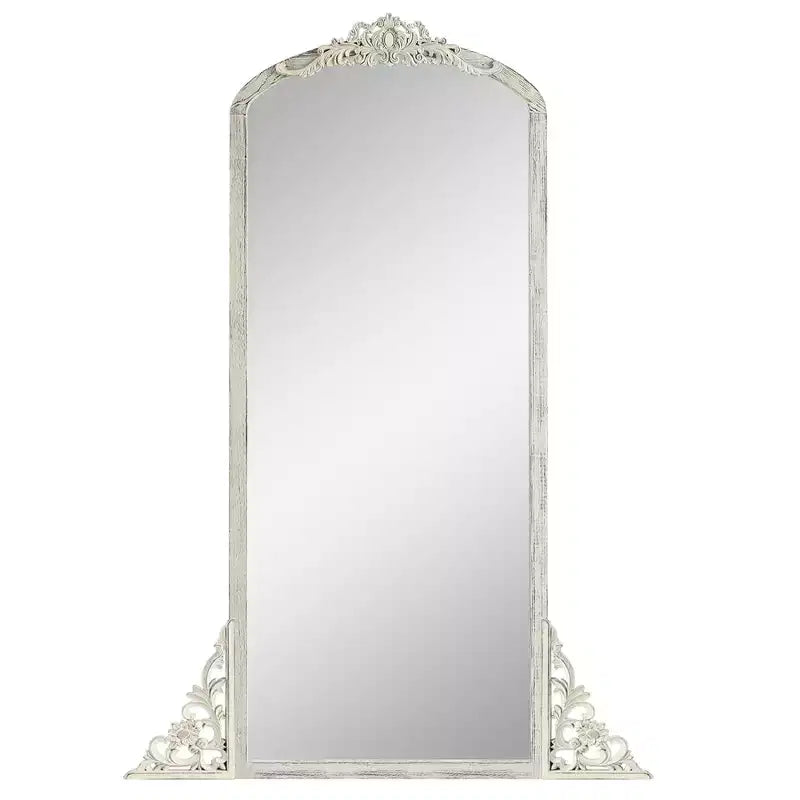 Solid wood carved flower straight-angle micro-curved weathered white full-length mirror 170x70x2cm (without stand)