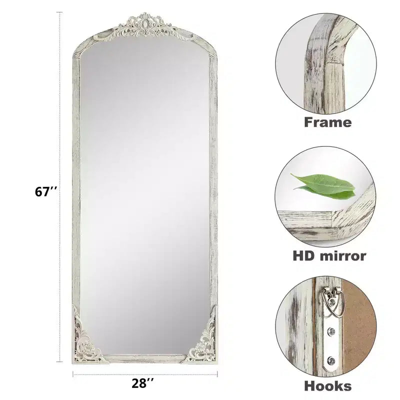 Solid wood carved flower straight-angle micro-curved weathered white full-length mirror 170x70x2cm (without stand)