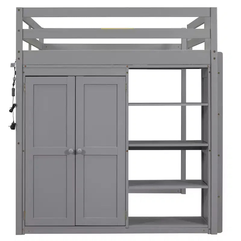 Whisen 79.5''L  57.0''W Wood Full Size Loft Bed with Built-in Wardrobe, Storage Shelves and Led light