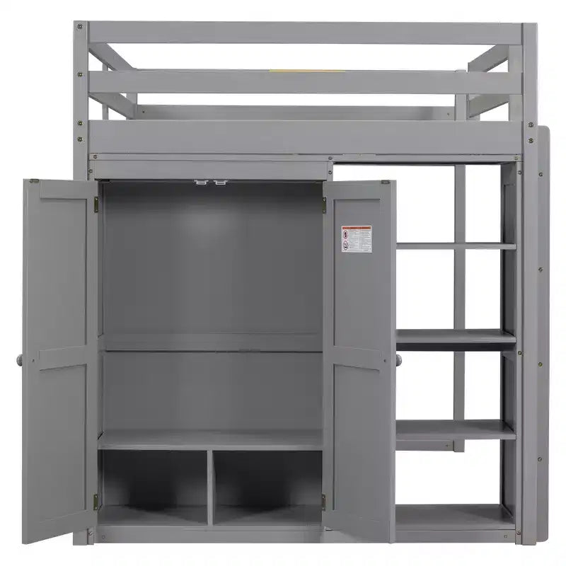 Whisen 79.5''L  57.0''W Wood Full Size Loft Bed with Built-in Wardrobe, Storage Shelves and Led light
