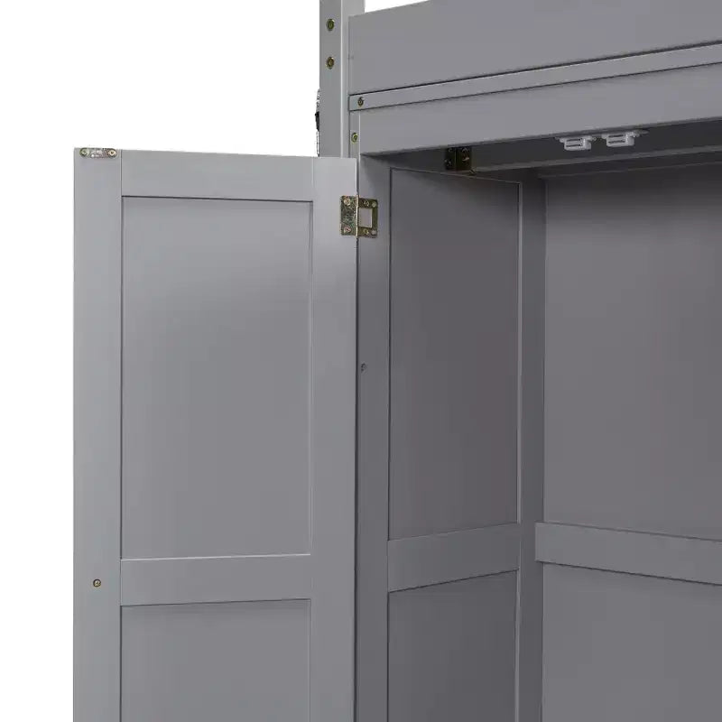 Whisen 79.5''L  57.0''W Wood Full Size Loft Bed with Built-in Wardrobe, Storage Shelves and Led light