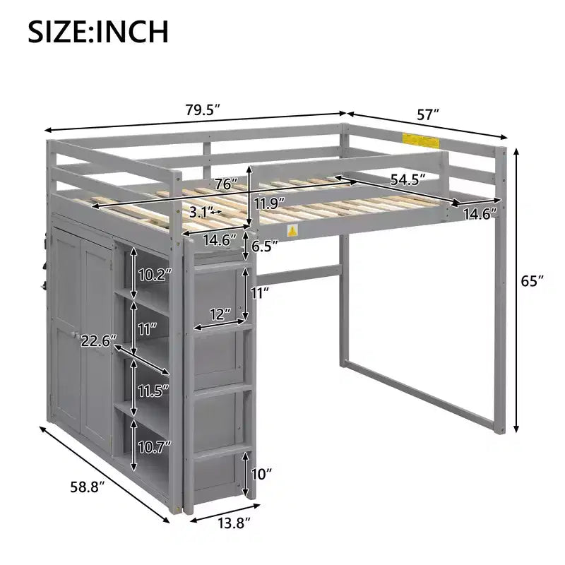 Whisen 79.5''L  57.0''W Wood Full Size Loft Bed with Built-in Wardrobe, Storage Shelves and Led light