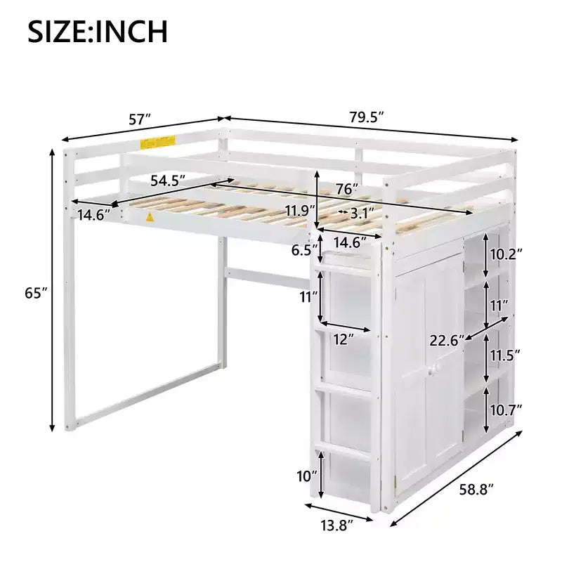 Whisen 79.5''L  57.0''W Wood Full Size Loft Bed with Built-in Wardrobe, Storage Shelves and Led light