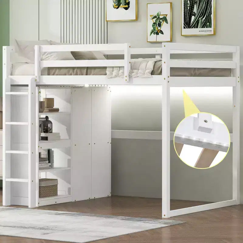 Whisen 79.5''L  57.0''W Wood Full Size Loft Bed with Built-in Wardrobe, Storage Shelves and Led light