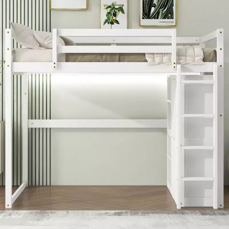 Whisen 79.5''L  57.0''W Wood Full Size Loft Bed with Built-in Wardrobe, Storage Shelves and Led light