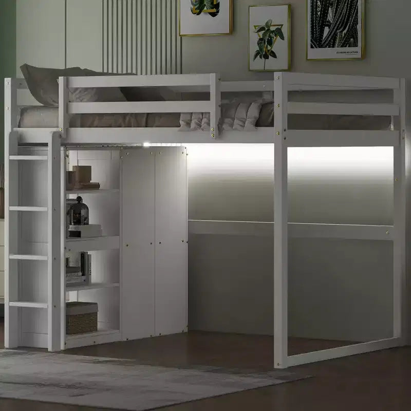 Whisen 79.5''L  57.0''W Wood Full Size Loft Bed with Built-in Wardrobe, Storage Shelves and Led light