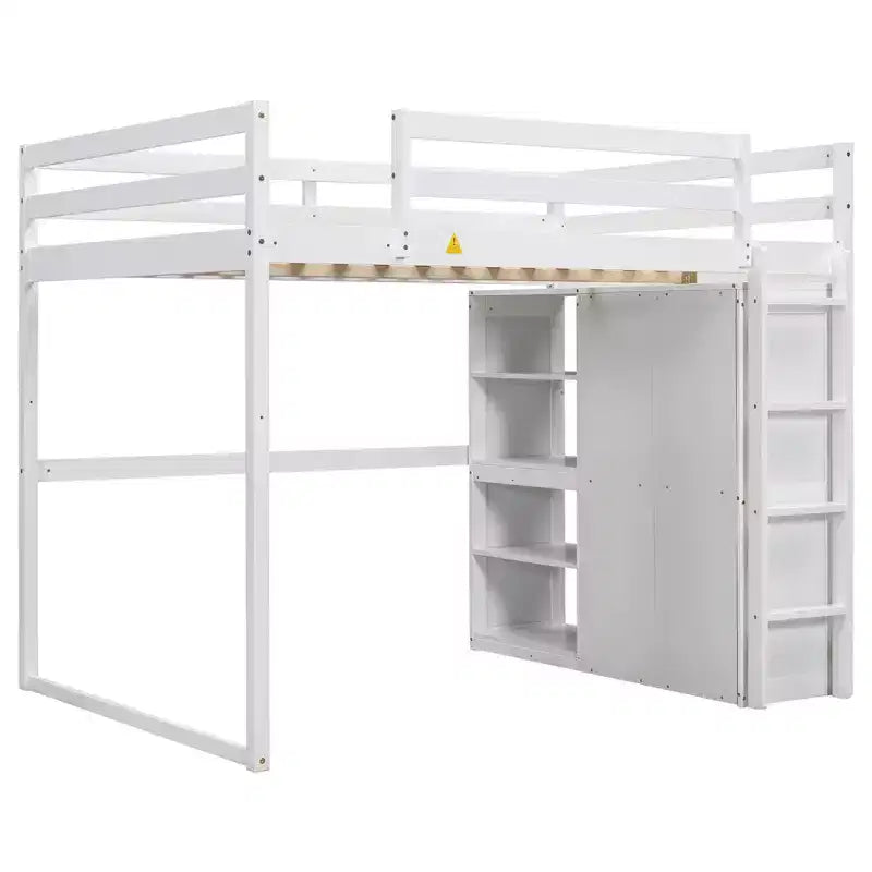 Whisen 79.5''L  57.0''W Wood Full Size Loft Bed with Built-in Wardrobe, Storage Shelves and Led light