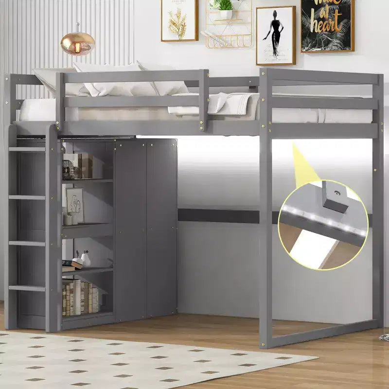 Whisen 79.5''L  57.0''W Wood Full Size Loft Bed with Built-in Wardrobe, Storage Shelves and Led light