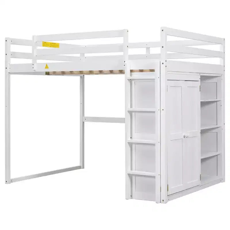 Whisen 79.5''L  57.0''W Wood Full Size Loft Bed with Built-in Wardrobe, Storage Shelves and Led light