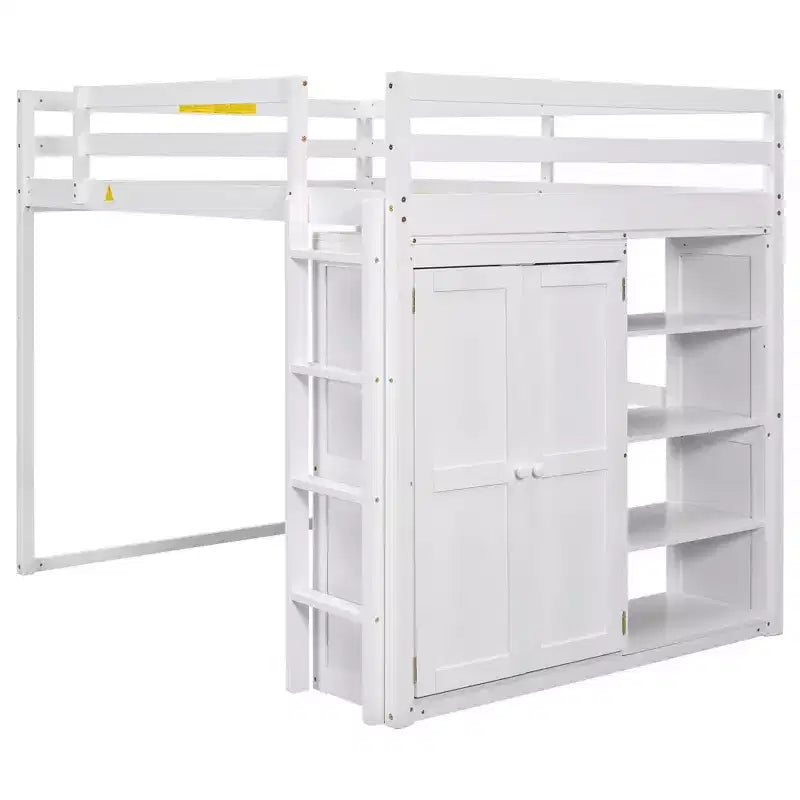 Whisen 79.5''L  57.0''W Wood Full Size Loft Bed with Built-in Wardrobe, Storage Shelves and Led light