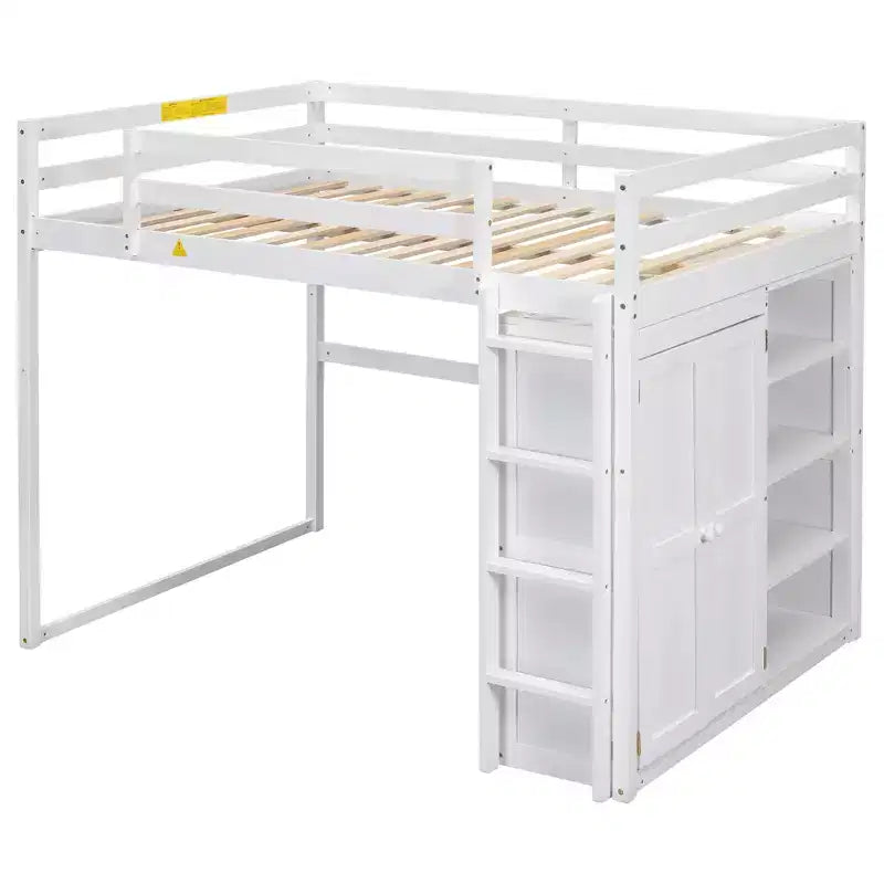 Whisen 79.5''L  57.0''W Wood Full Size Loft Bed with Built-in Wardrobe, Storage Shelves and Led light