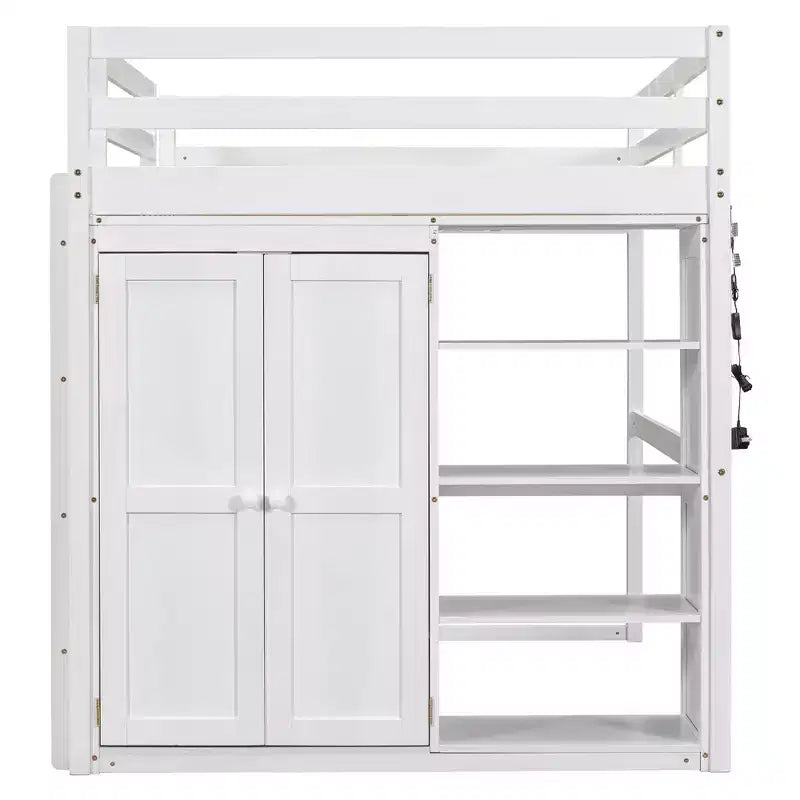 Whisen 79.5''L  57.0''W Wood Full Size Loft Bed with Built-in Wardrobe, Storage Shelves and Led light