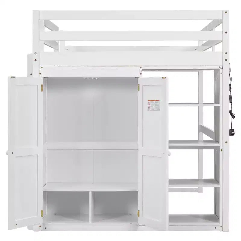 Whisen 79.5''L  57.0''W Wood Full Size Loft Bed with Built-in Wardrobe, Storage Shelves and Led light