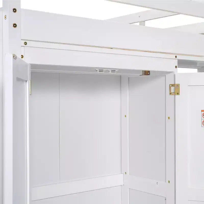 Whisen 79.5''L  57.0''W Wood Full Size Loft Bed with Built-in Wardrobe, Storage Shelves and Led light