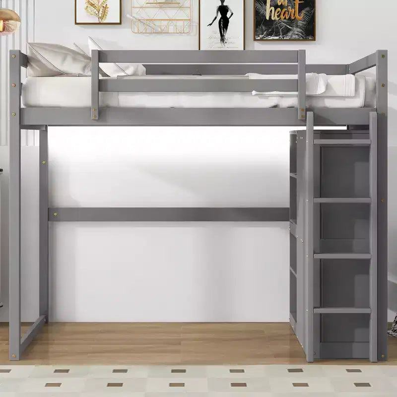 Whisen 79.5''L  57.0''W Wood Full Size Loft Bed with Built-in Wardrobe, Storage Shelves and Led light
