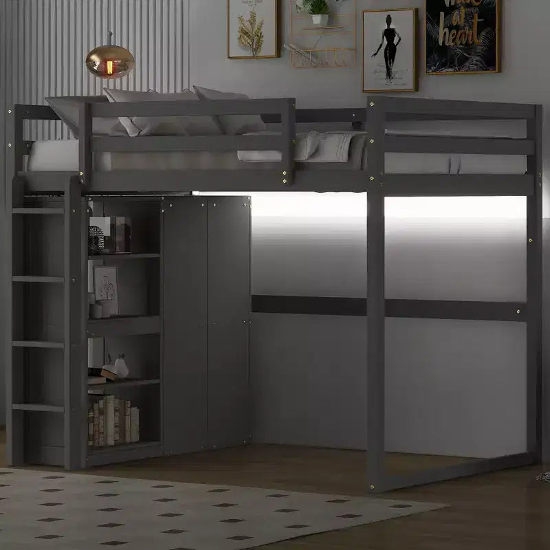 Whisen 79.5''L  57.0''W Wood Full Size Loft Bed with Built-in Wardrobe, Storage Shelves and Led light