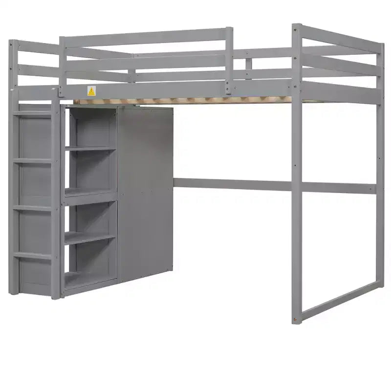 Whisen 79.5''L  57.0''W Wood Full Size Loft Bed with Built-in Wardrobe, Storage Shelves and Led light