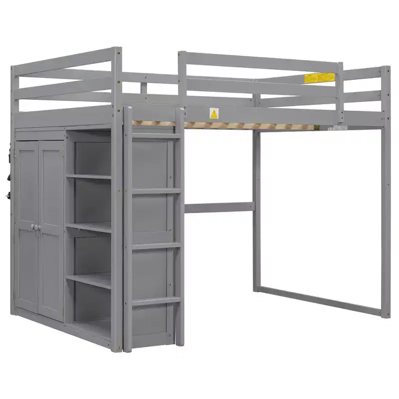 Whisen 79.5''L  57.0''W Wood Full Size Loft Bed with Built-in Wardrobe, Storage Shelves and Led light