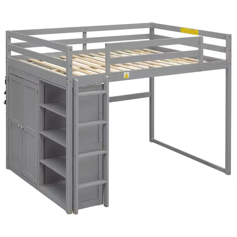 Whisen 79.5''L  57.0''W Wood Full Size Loft Bed with Built-in Wardrobe, Storage Shelves and Led light
