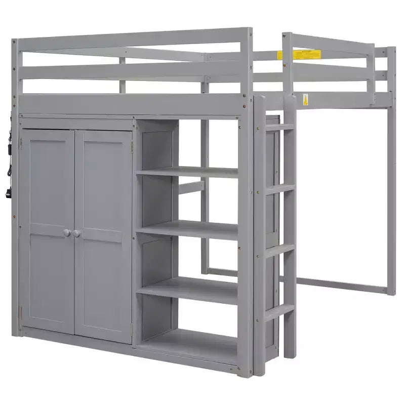 Whisen 79.5''L  57.0''W Wood Full Size Loft Bed with Built-in Wardrobe, Storage Shelves and Led light