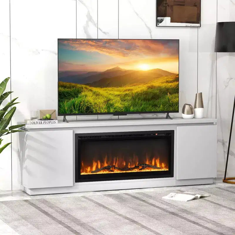 Costway Fireplace TV Stand for TVs up to 80 with Electric Fireplace 3 Adjustable Shelves Black/White