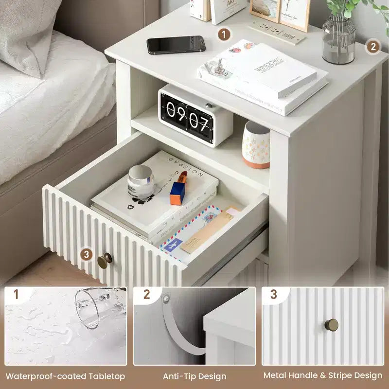 Heynemo Fluted Nightstand with Charging Station, End Table with 2 Silent Slide Drawers & Storage Shelf, Ideal for Living Room, Bedroom