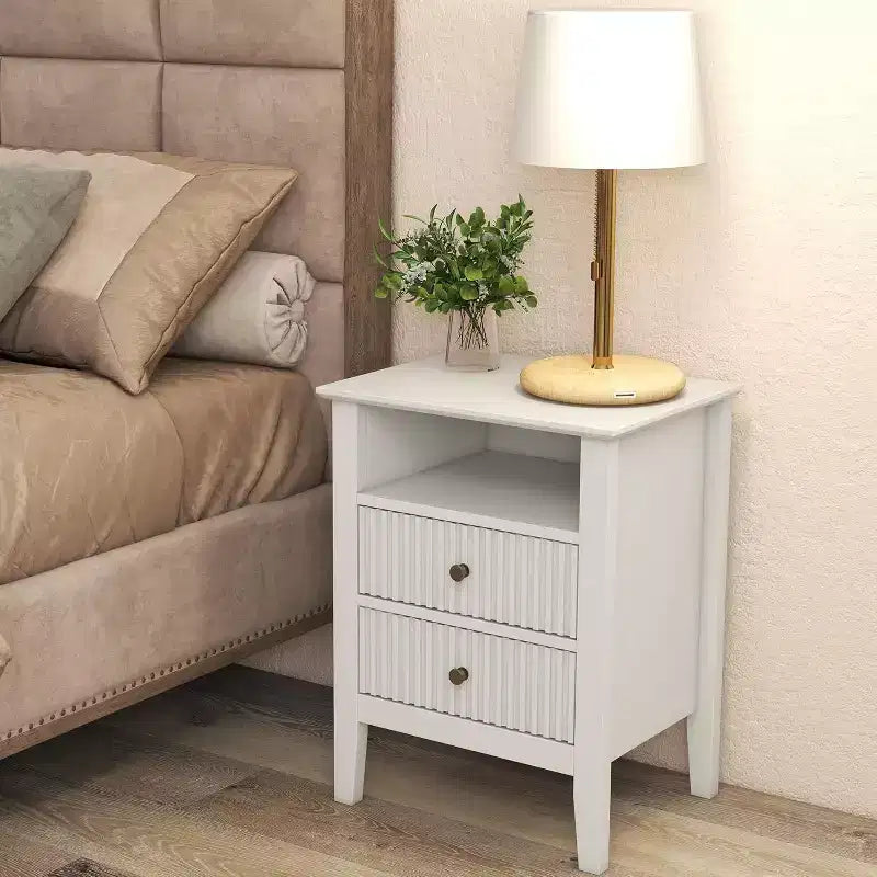 Heynemo Fluted Nightstand with Charging Station, End Table with 2 Silent Slide Drawers & Storage Shelf, Ideal for Living Room, Bedroom