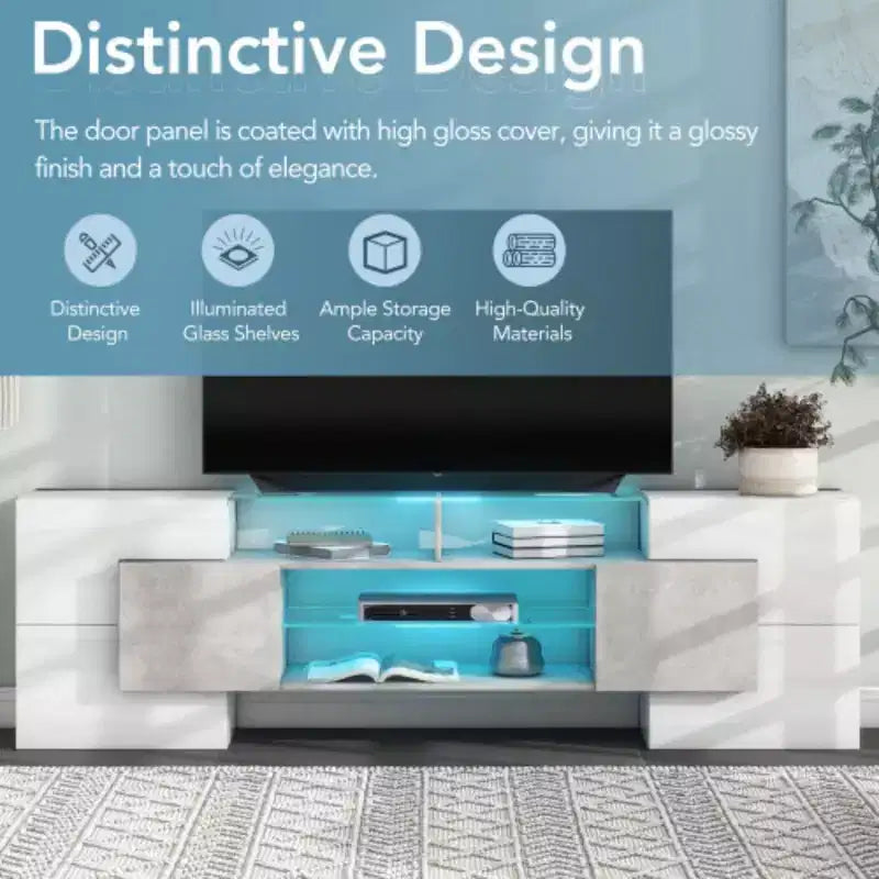88'' TV Stand with 2 LED-Illuminated Shelves, High Gloss Entertainment Center, Color-Changing LED Cabinet for Living Room