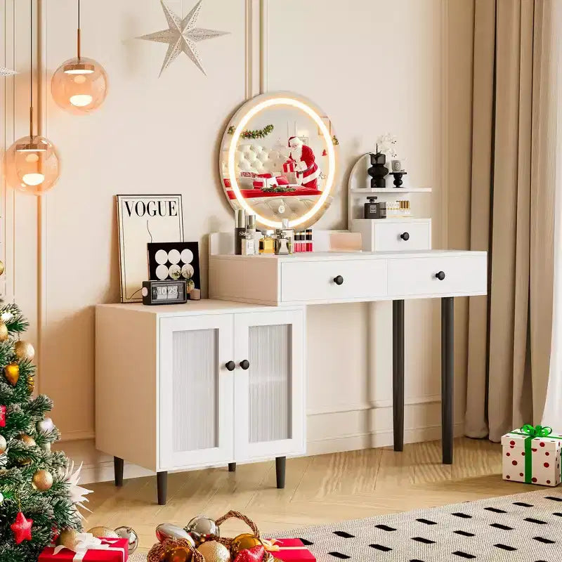 Vanity Desk with Round LED Mirror, Modern Makeup Vanity with Power Outlet, LED Touch Screen 3 Lighting Modes, Adjustable Brightness, 3 Drawers- White