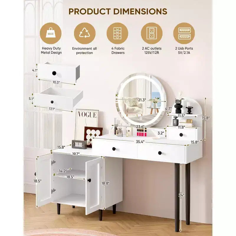 Vanity Desk with Round LED Mirror, Modern Makeup Vanity with Power Outlet, LED Touch Screen 3 Lighting Modes, Adjustable Brightness, 3 Drawers- White
