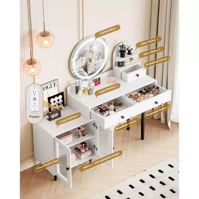 Vanity Desk with Round LED Mirror, Modern Makeup Vanity with Power Outlet, LED Touch Screen 3 Lighting Modes, Adjustable Brightness, 3 Drawers- White