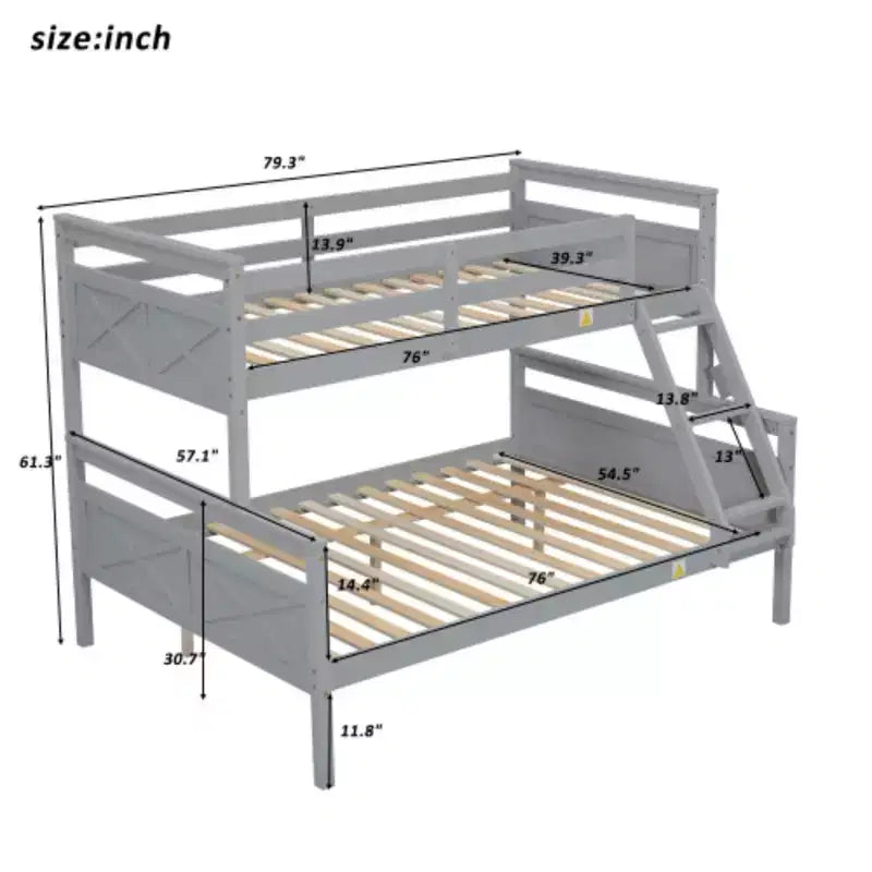 Twin over Full Bunk Bed with ladder, Safety Guardrail, Perfect for Bedroom, Gray