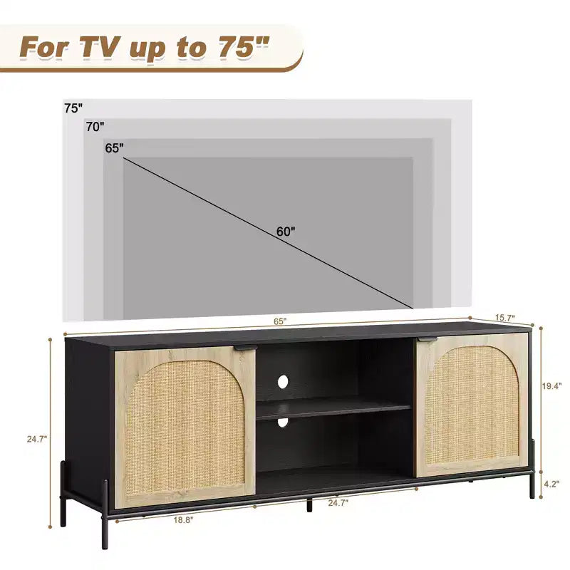 WhizMax Rattan TV Stand for 75 inch TV, Entertainment Center with Storage, 65 Inch TV Console Table for Living Room, Bedroom