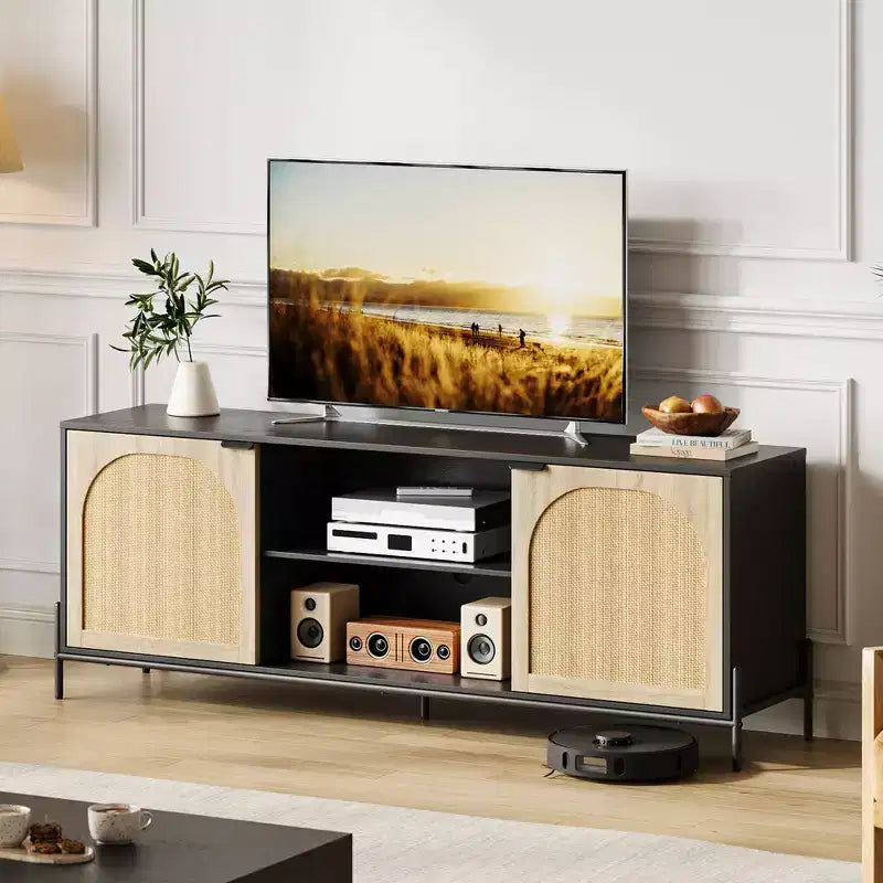 WhizMax Rattan TV Stand for 75 inch TV, Entertainment Center with Storage, 65 Inch TV Console Table for Living Room, Bedroom