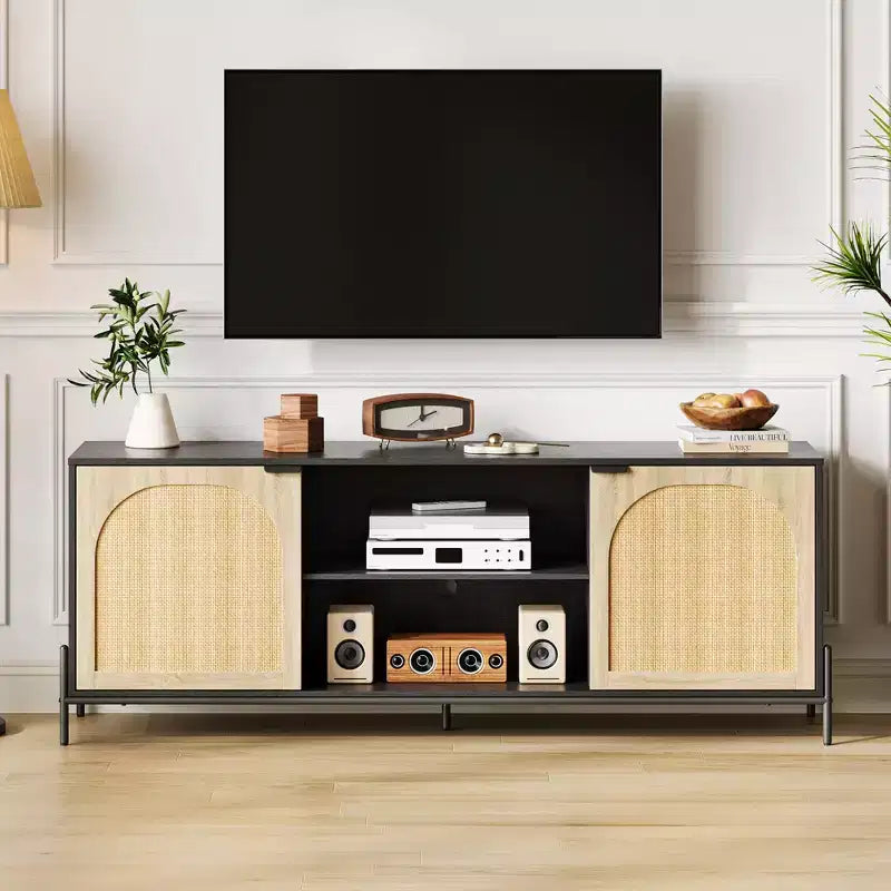 WhizMax Rattan TV Stand for 75 inch TV, Entertainment Center with Storage, 65 Inch TV Console Table for Living Room, Bedroom