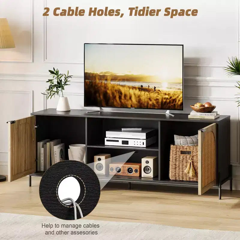 WhizMax Rattan TV Stand for 75 inch TV, Entertainment Center with Storage, 65 Inch TV Console Table for Living Room, Bedroom