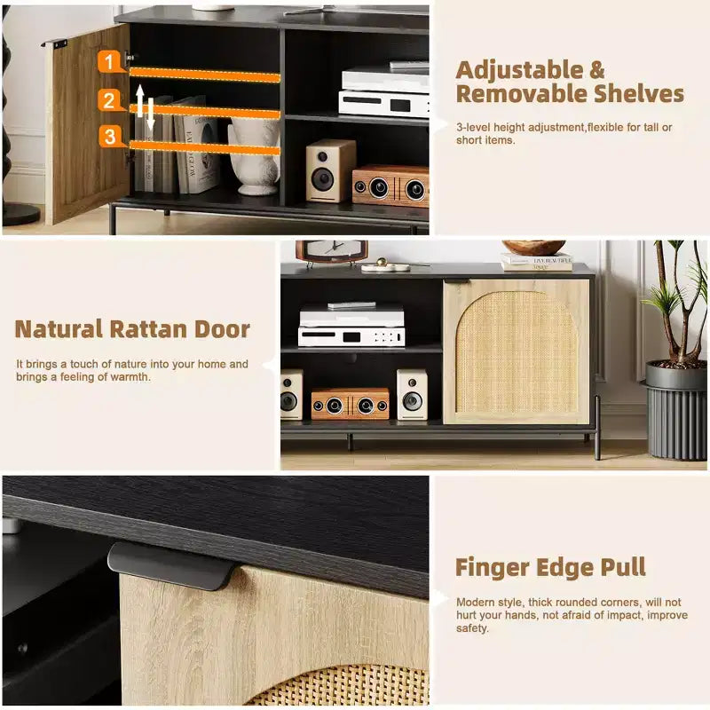 WhizMax Rattan TV Stand for 75 inch TV, Entertainment Center with Storage, 65 Inch TV Console Table for Living Room, Bedroom