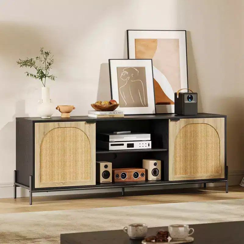 WhizMax Rattan TV Stand for 75 inch TV, Entertainment Center with Storage, 65 Inch TV Console Table for Living Room, Bedroom