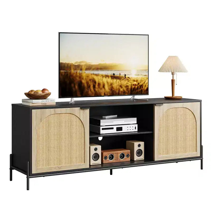WhizMax Rattan TV Stand for 75 inch TV, Entertainment Center with Storage, 65 Inch TV Console Table for Living Room, Bedroom