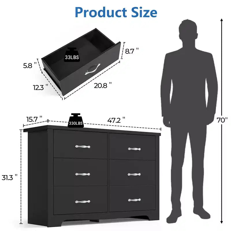 6-Drawer Wooden Dresser Horizontal Natural Finish MDF Bedroom Furniture