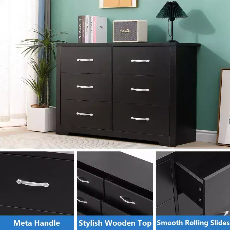 6-Drawer Wooden Dresser Horizontal Natural Finish MDF Bedroom Furniture