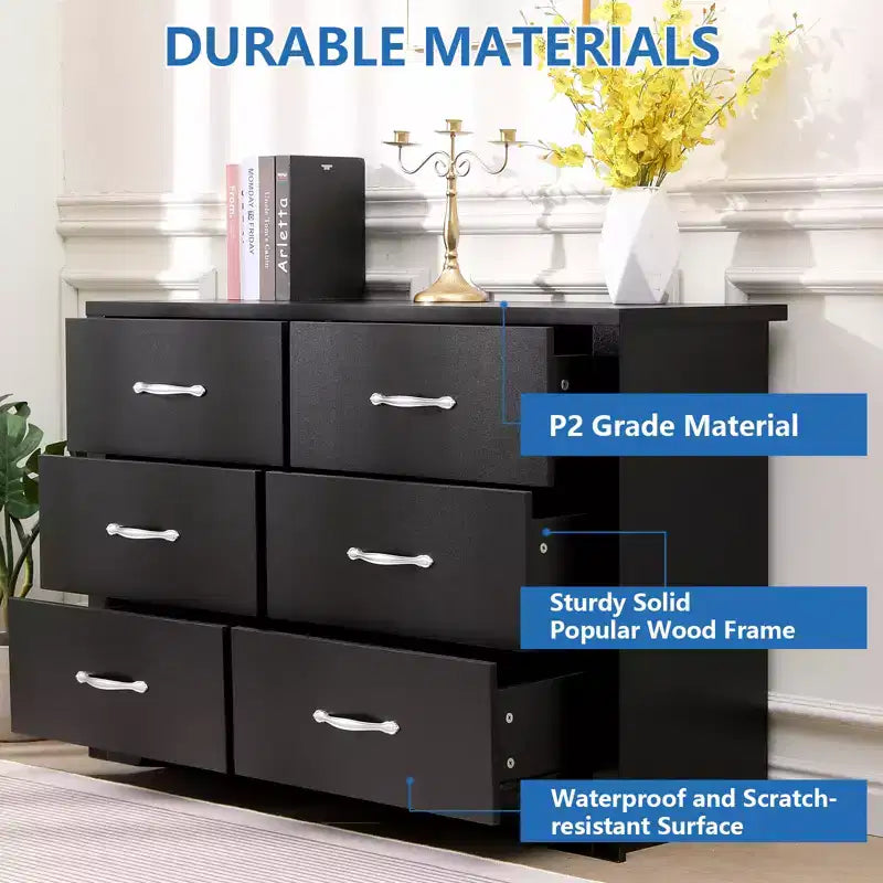 6-Drawer Wooden Dresser Horizontal Natural Finish MDF Bedroom Furniture