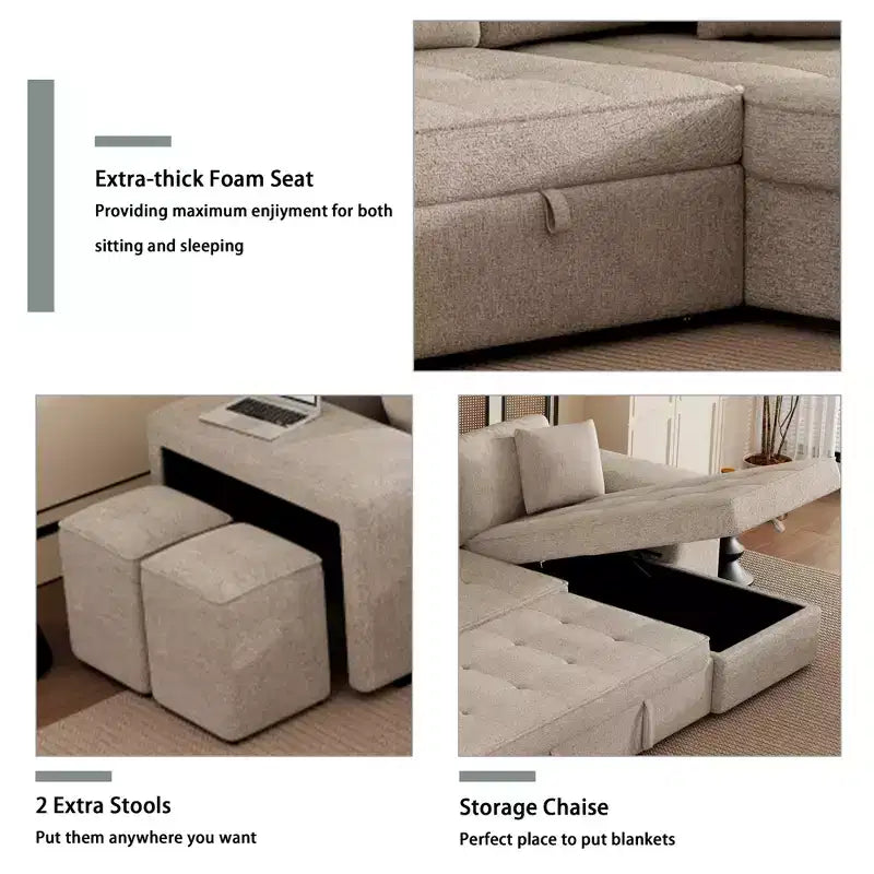 104.5 Reversible L-Shape Sectional Sleeper Sofa with Storage Chaise & 2 Stools - Convertible 3-Seat Sofa Bed for Living Room